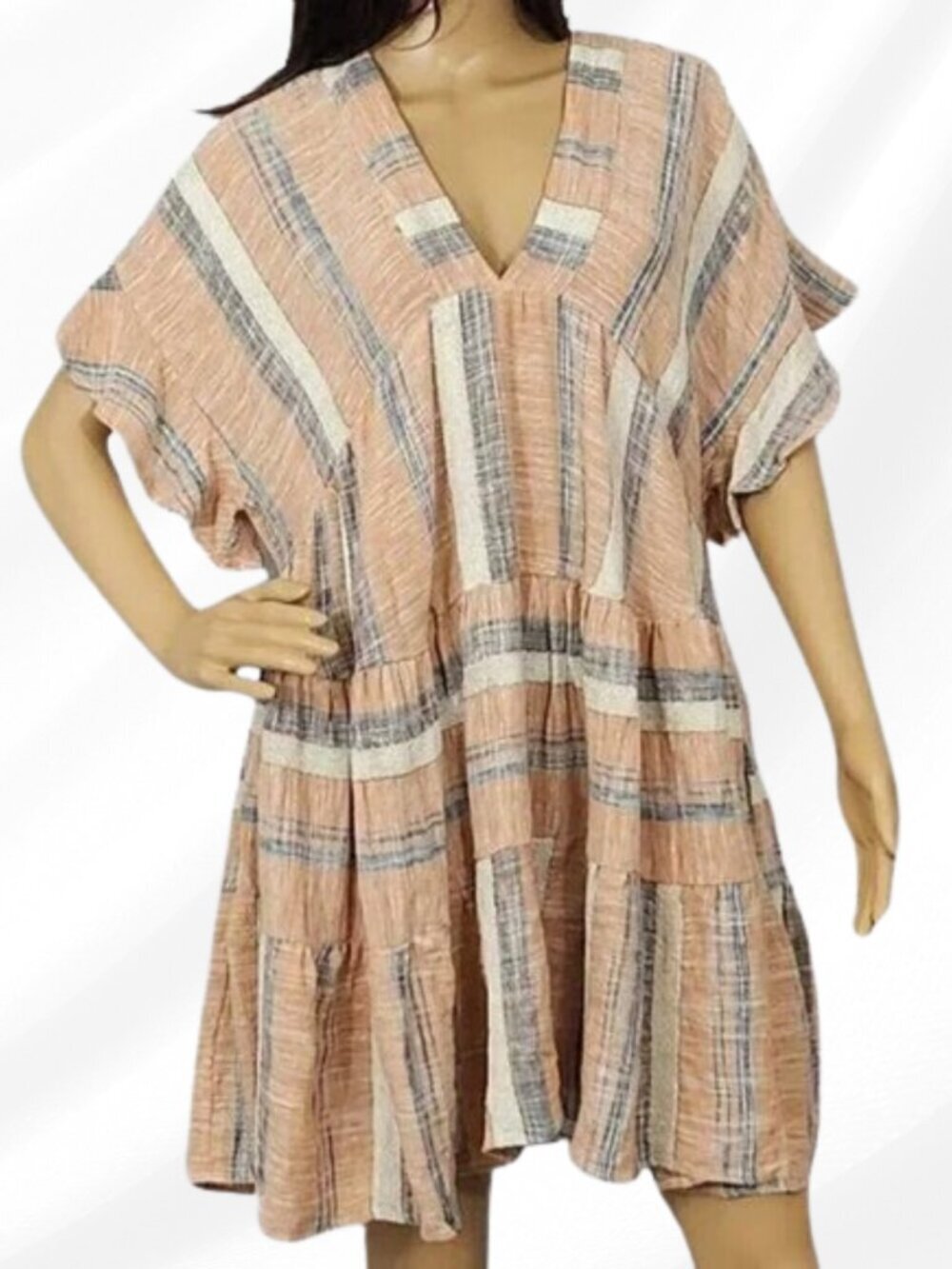 Lulu’s Striped Double V-Neck Linen Blend Boho Dress Dusty Orange Size S